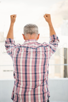 Rear view of casual businessman cheering