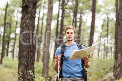 Young handsome hiker using map