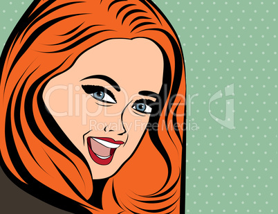 cute retro woman with long red hair in comics style
