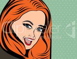 cute retro woman with long red hair in comics style