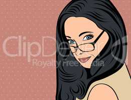 cute retro woman with long  hair in comics style