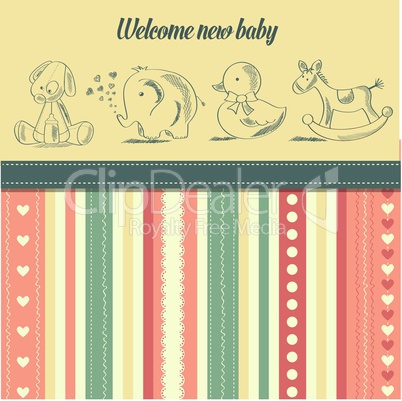 new baby  announcement card with retro toys