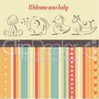 new baby  announcement card with retro toys