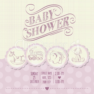 baby girl shower card with retro toys