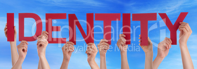 Many People Hands Holding Red Straight Word Identitiy Blue Sky