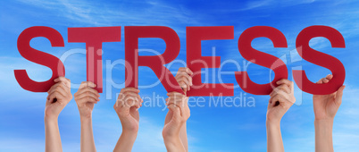 Many People Hands Holding Red Straight Word Stress Blue Sky