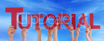 Many People Hands Holding Red Straight Word Tutorial Blue Sky