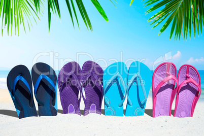 Eine Reihe bunter Flip Flops unter Palem am Strand