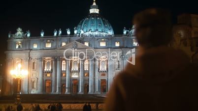 Night view of St. Peters Basilica in Vatican City