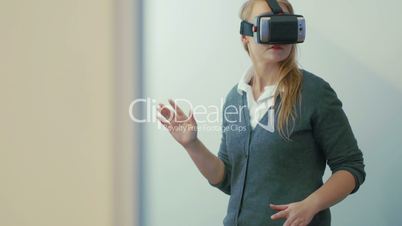 Woman entertaining with VR-headset for mobiles
