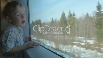 Boy looking at nature scene through the train window