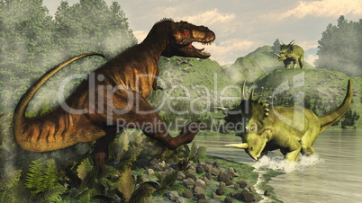 Tyrannosaurus rex fighting against styracosaurus dinosaur - 3D render