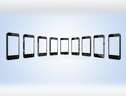 smart-phones in row on the light blue gradient background