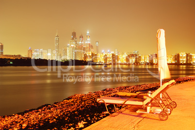 Night illumination of the luxury hotel on Palm Jumeirah man-made