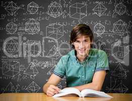 Composite image of student sitting in library reading