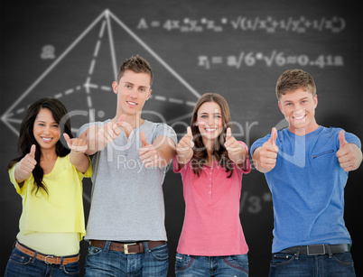 Composite image of four people standing beside each other give t