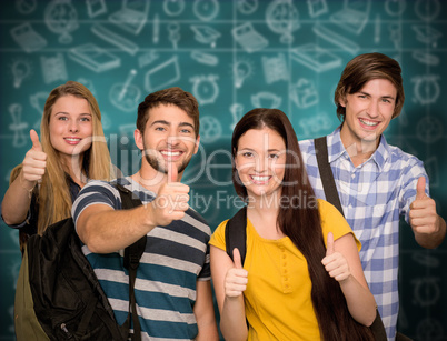 Composite image of happy students gesturing thumbs up at college