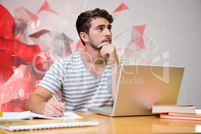 Composite image of student studying in the library with laptop