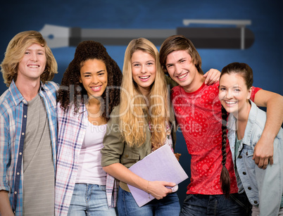 Composite image of cheerful college students in library