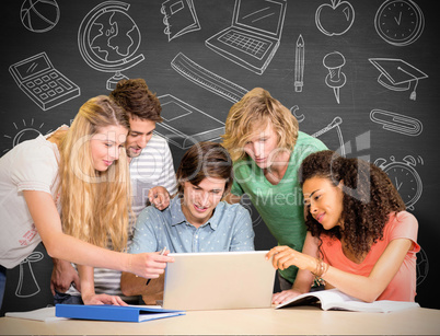 Composite image of college students using laptop in library