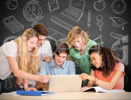 Composite image of college students using laptop in library