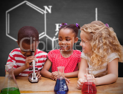 Composite image of cute pupil looking through microscope