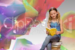 Composite image of cute little girl reading book in library