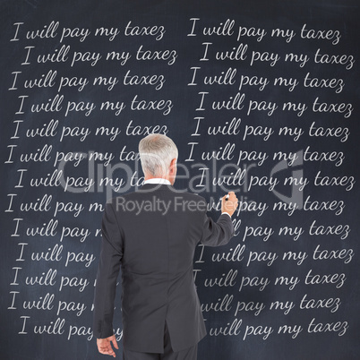 Composite image of rear view of businessman standing and writing