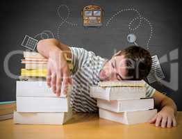 Composite image of student asleep in the library