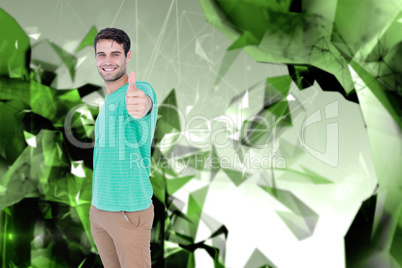 Composite image of portrait of smiling handsome man gesturing th