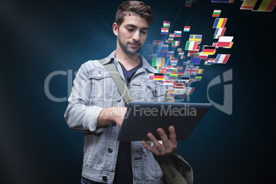 Composite image of student using tablet in library