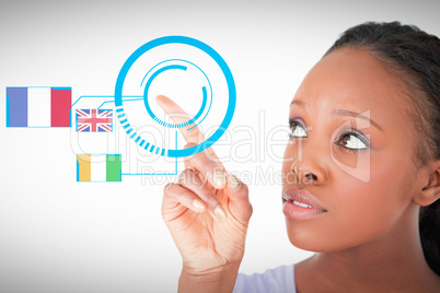 Composite image of close up of woman pointing at something next