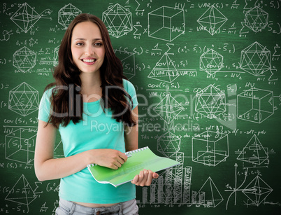 Composite image of portrait of smiling young woman with file
