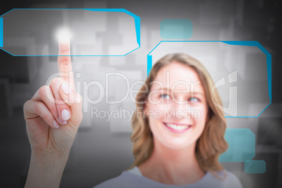 Composite image of pretty woman pointing with her finger
