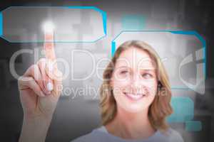 Composite image of pretty woman pointing with her finger