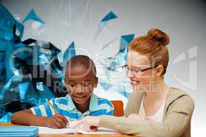 Composite image of happy pupil and teacher