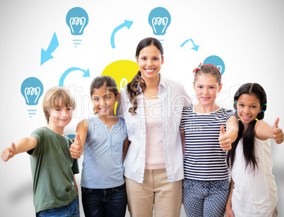 Composite image of cute pupils and teacher smiling at camera in