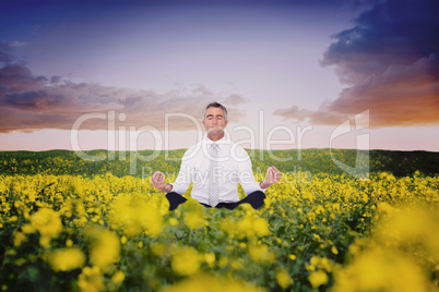 Composite image of zen businessman meditating in lotus pose