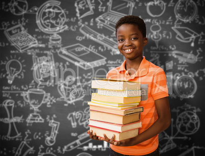 Composite image of portrait of cute boy carrying books in librar