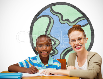 Composite image of happy pupil and teacher