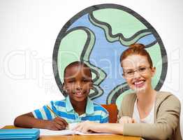 Composite image of happy pupil and teacher