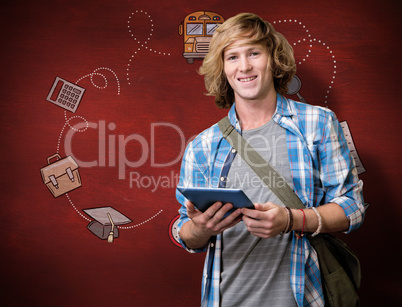 Composite image of student using tablet in library