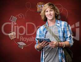 Composite image of student using tablet in library