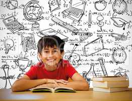 Composite image of cute boy reading book in library