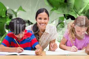 Composite image of pretty teacher helping pupils in library