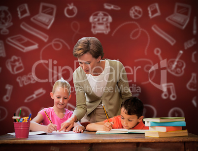 Composite image of teacher helping pupils in library