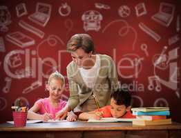Composite image of teacher helping pupils in library