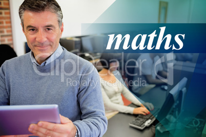 Maths against teacher holding a tablet pc