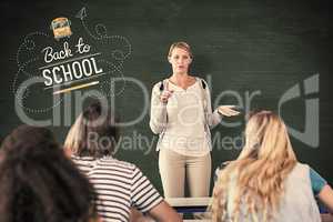 Composite image of teacher teaching students in class