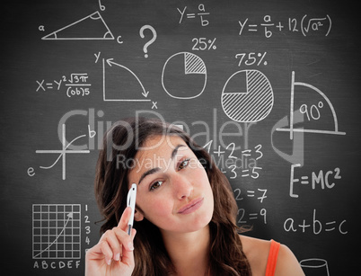 Composite image of thoughtful student doing her homework